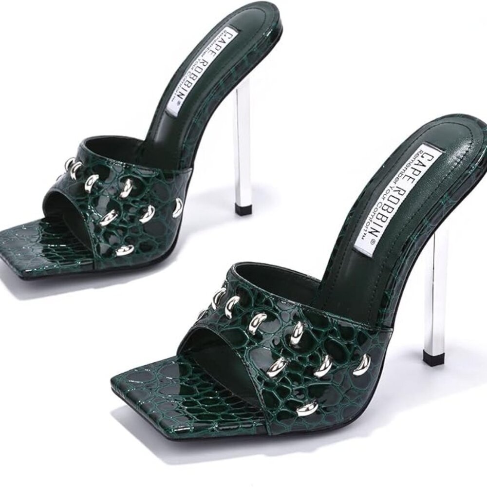 Green Tennon Slip On Heel by CAPE ROBBIN Green Silver Crocodile Padded Stud 8.5